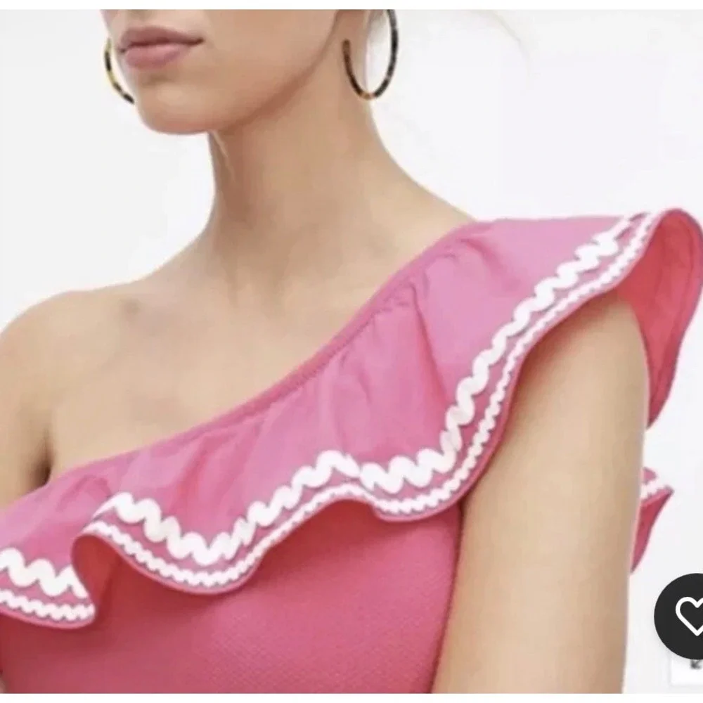 J.Crew One-Shoulder Ruffle One-Piece Swimsuit Womens 10 Pink Rickrack Preppy
